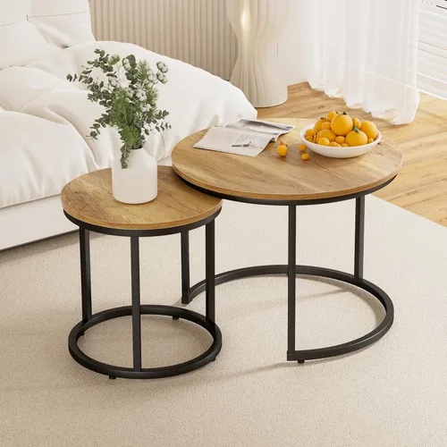 Smuxee - Juego de 2 mesas de café anidadas, mesa redonda de café de 23.6" de madera marrón con pies antideslizantes ajustables, mesa auxiliar