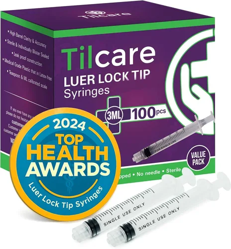 Tilcare - Jeringa de 0.1 fl oz sin aguja Luer Lock, paquete de 100 goteros de medicina de plástico estéril para niños, mascotas o adultos,