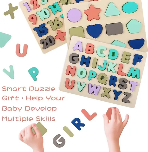 Vista 5 de Rompecabezas de madera para niños, rompecabezas con forma de números del alfabeto, juguetes de aprendizaje para niños de 3, 4, 5 años