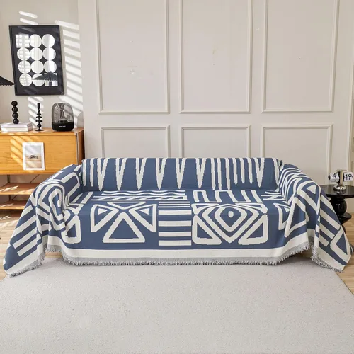 Vista 4 de VClife - Funda para sofá de 2 plazas o modular, de felpilla, lavable, apta para mascotas y perros, protectora, con borlas, azul, 71 x 118 pulgadas