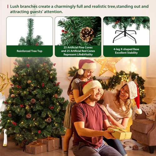 Vista 4 de Árbol de Navidad artificial preiluminado de 6 pies, árbol de Navidad con bisagras con 350 luces LED blancas cálidas y decoraciones, árbol de Navidad