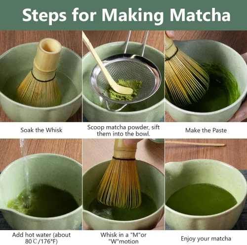 Vista 7 de Juego de Batidor de Matcha, Kit de Matcha Japonés de 7 Piezas que Incluye Tazón de Matcha con Pico, Batidor de Bambú, Soporte Chasen, Tamiz de Acero