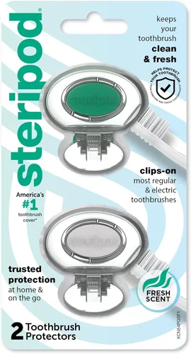 Steripod Protector de cepillo de dientes con clip, verde/plateado, 2 unidades