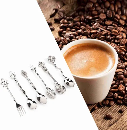 Vista 4 de Fdit 6 unids/set vintage tallado cuchara cucharadita retro aleación de zinc postre café vajilla cucharas cubiertos cocina (plata)