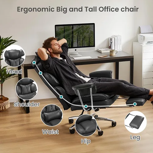 Vista 4 de OLIXIS Home Office Desk Chair Comfy with Foot Rest, PU Leather Ergonomic Big and Tall High Back Support, 360° Swivel Wheels, Armrests and Detachable