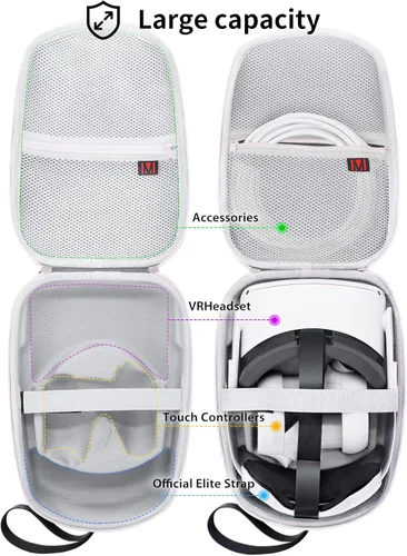 Vista 2 de RYOKO Funda de transporte rígida compatible con MetaOculus Quest 2 Version VR Gaming Headset y correa Elite con batería y otros accesorios adecuada