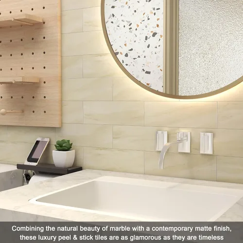 Vista 4 de VAOVI Azulejos de cocina para salpicaduras de despegar y pegar, calcomanías de pared de baño, azulejos de mármol para salpicaduras individuales