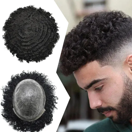 Sistema de cabello para hombres negros, rizado tipo tupé de inyección de poliuretano para hombres de 0.472 in Afro Wave Afro American Mens Toupee 1#