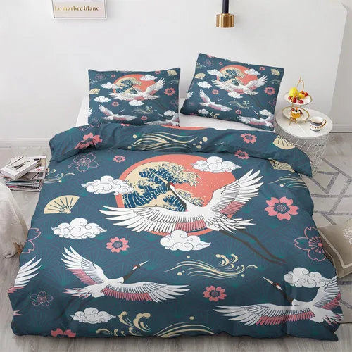 Vista 13 de Funda de edredón japonesa tamaño individual Juego de cama de grúa japonesa 2 piezas Funda de edredón con patrón de microfibra suave con lazos