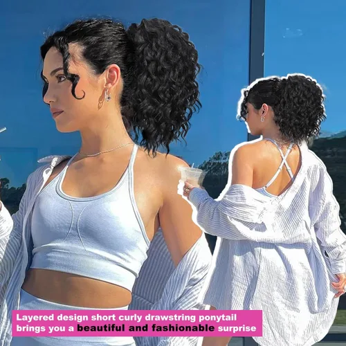 Vista 6 de QGZ Extensión de cola de caballo rizada, cola de caballo con cordón para mujeres negras, pelo corto sintético de 10 pulgadas, dos estilos en uno