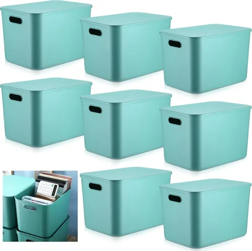 Vista 25 de Hoolerry 8 contenedores de almacenamiento coloridos con tapa, cesta de almacenamiento de plástico, contenedor organizador apilable con asa para Negro