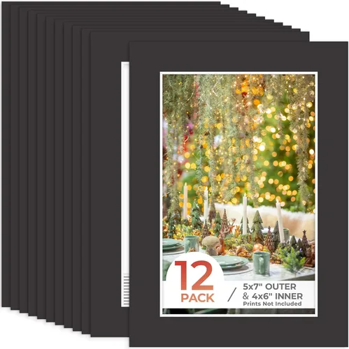 Frametory, Marcos precortados negros de 5x7 pulgadas para fotos de 4x6 pulgadas, impresiones, obras de arte - Núcleo blanco con corte biselado,