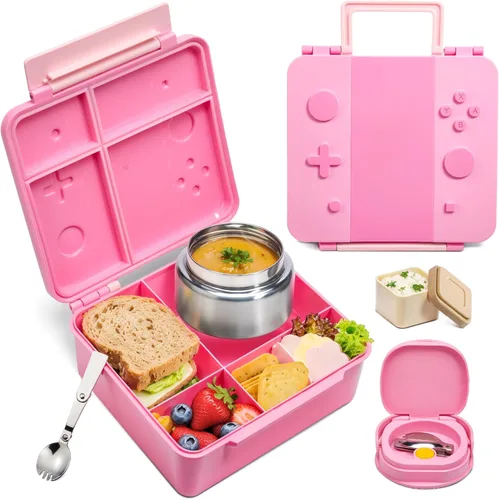 Vista 10 de Caja Bento Game para niños, lonchera con termo (tarro de comida de 9 onzas), cuchara plegable, divisor extraíble y taza de salsa, lonchera infantil
