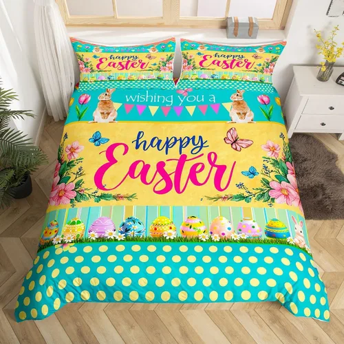 Vista 30 de Juego de ropa de cama con temática de Pascua de conejitos para niños, adolescentes y jóvenes, funda de edredón de nido de huevos de Pascua, funda