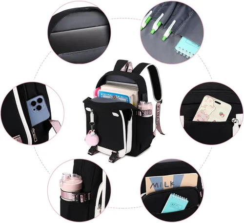 Vista 4 de Bevalsa Mochila escolar para niñas, mochila para niñas con lonchera, bolsa de libros para niñas, escuela primaria, secundaria, universidad