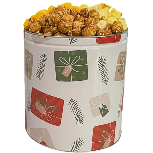 Vista 4 de Lata de palomitas de maíz navideñas Uncle Myron's - Latas de palomitas de maíz 3 sabores, lata navideña de 1 galón, caramelo, queso cheddar