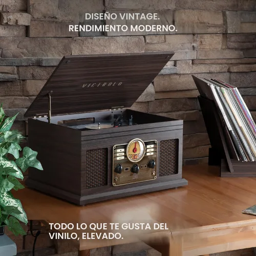 Vista 5 de Victrola The Quincy - Reproductor de discos Bluetooth 6 en 1 y centro multimedia con altavoces integrados, tocadiscos de 3 velocidades, reproductor