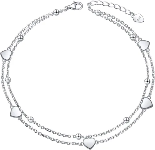 Vista 12 de Tobillera para mujer de plata de ley S925 estilo playa con capas ajustable, pulsera de tobillo con disco, ojo turco, corazón, infinito, cuenta