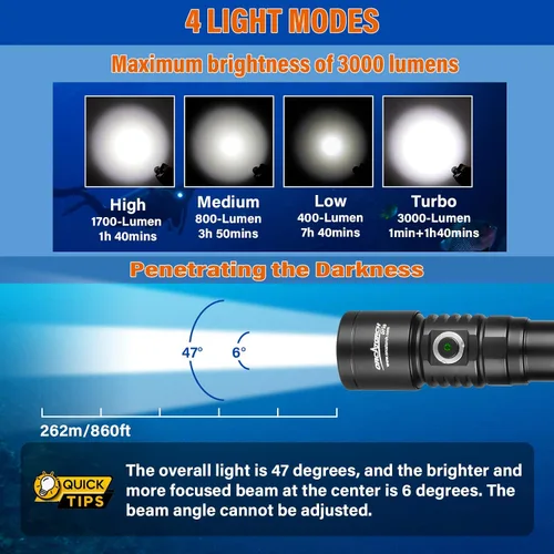Vista 2 de ORCATORCH D710 Luz de Buceo, Linterna Subacuática Super Brillante de 3000 Lúmenes con Haz Estrecho de 6 Grados, Antorcha de Buceo Nocturna Negro