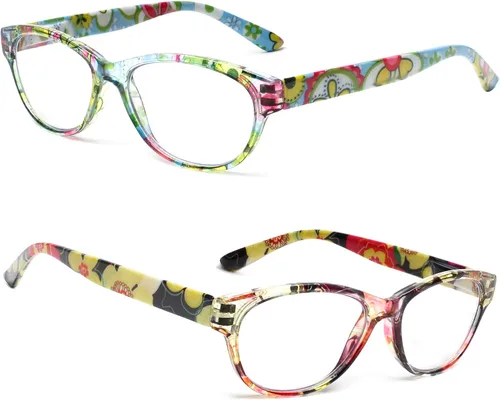Vista 4 de SIGVAN 5 pares de lentes de lectura con diseño de ojo de gato para mujer, con bloqueo de luz azul, bisagra de resorte, estampado de moda para mujer