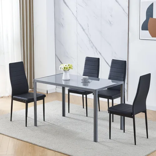Vista 25 de Moderna mesa de comedor negra de 5 piezas con sillas para 4 personas, mesa de comedor de vidrio templado y sillas de cocina, juego de 4 piezas