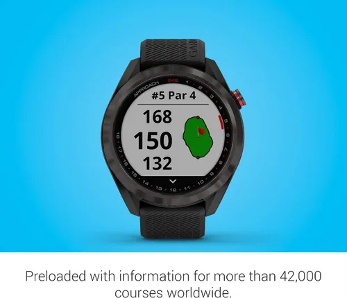 Vista 8 de Garmin Approach S42, reloj inteligente de golf con GPS, ligero con pantalla Bisel de cerámica Gunmetal y banda de silicona negra