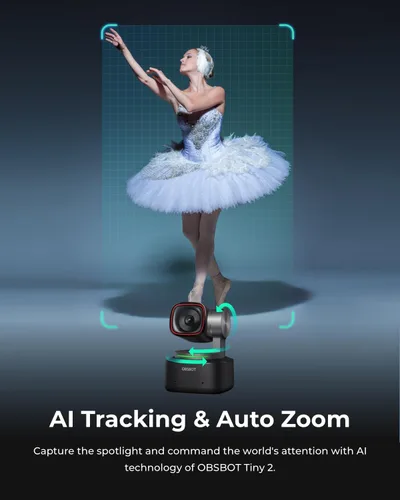 Vista 3 de OBSBOT Tiny 2 - Cámara web 4K con control de voz PTZ, seguimiento por IA en modos múltiples y enfoque automático, cámara web con sensor de 1/1.5