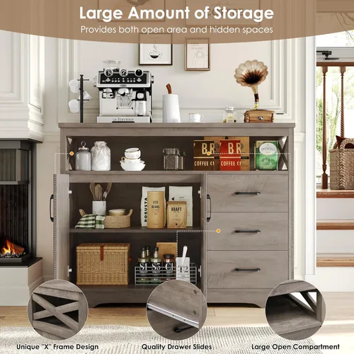 Vista 5 de HOSTACK Aparador moderno de granja, gabinete de almacenamiento de bufé de cocina con cajones y estantes, barra de café de madera con almacenamiento