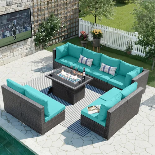 Vista 60 de BULEXYARD Juego de muebles de exterior de respaldo alto de 7 piezas con hoguera, juego de sofá de patio de mimbre duradero para todo tipo de clima