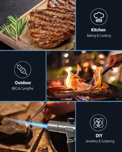 Vista 6 de RONXS Encendedor de antorcha, soplete de butano de cocina recargable, soplete de cocina con bloqueo de seguridad y llama única o doble ajustable