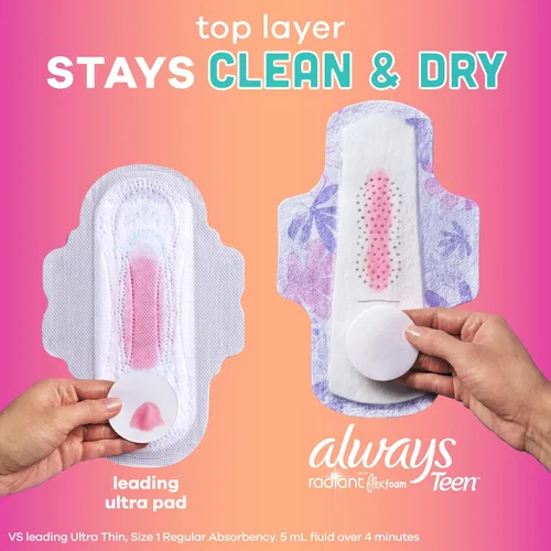 Vista 5 de Always Radiant Teen toallas, talla 1, regular, con alas, sin aroma, 14