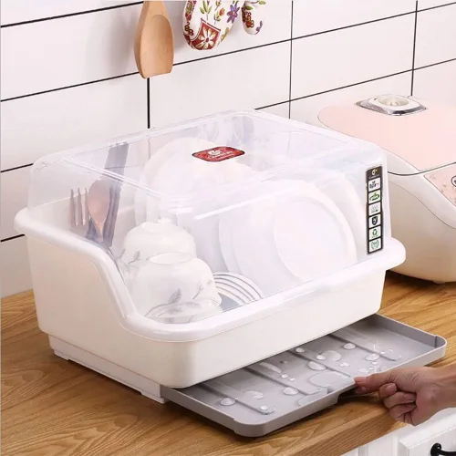 Tomorotec Medium Size Dish Drying Rack and Drain Board with Lid Cover, 16" x 12.2" x 10.6" Nursing Bottle Holder, Kitchen Plate Cup Tray Cutlery