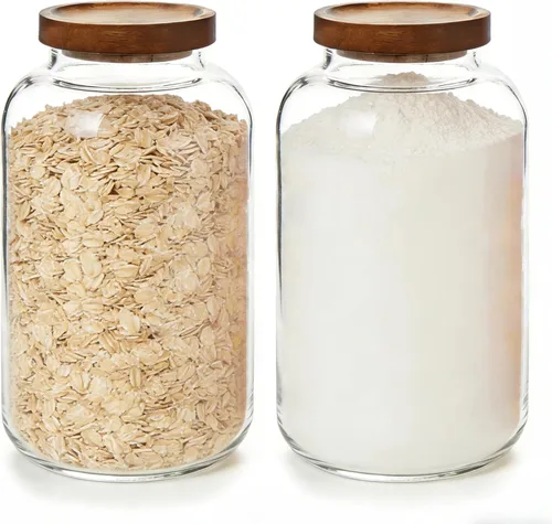 Vista 9 de Paquete de 2 tarros de almacenamiento de vidrio con tapas de madera individuales de 64 fl oz/64.2 fl oz, recipientes herméticos para productos secos