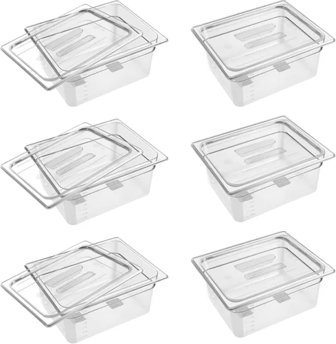 Vista 13 de Paquete de 6 bandejas para alimentos transparentes de 1/2 tamaño de 4 pulgadas de profundidad con tapas, bandejas comerciales para alimentos