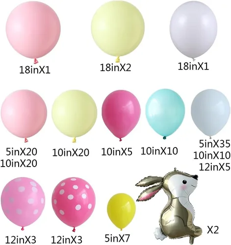 Vista 2 de Kit de arco de guirnalda de globos de Pascua, 153 globos rosa, amarillo y blanco con globo de Mylar de conejo, globo de margarita blanca