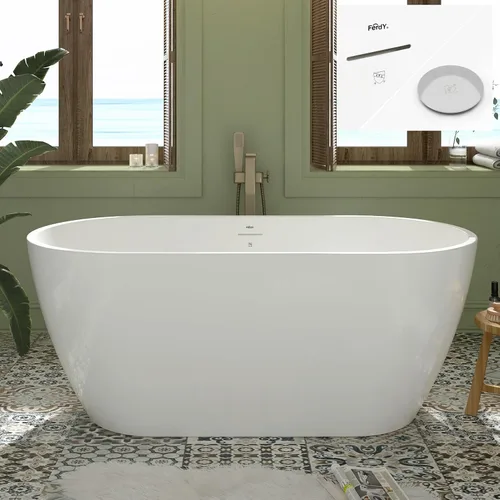Vista 25 de FerdY Bañera independiente de acrílico Bali de 47 pulgadas, bañera independiente con forma elegante, certificado cUPC, drenaje dorado cepillado