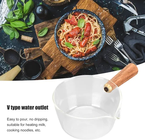 Vista 5 de Sartén para leche, olla de leche de vidrio con mango de madera antiadherente, con boquilla en forma de V, cacerola para cocinar, accesorios