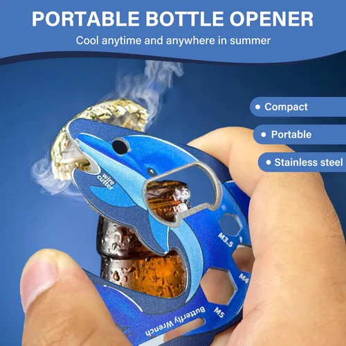 Vista 3 de Multiherramienta EDC en forma de delfín con mosquetón, herramienta de bolsillo 11 en 1 con destornilladores, abridor de botellas para viajes al aire