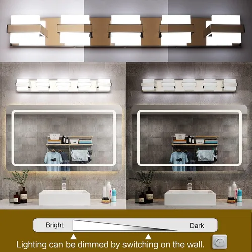 Vista 2 de SOLFART Luces de tocador de baño modernas regulables, 5 luces LED sobre el espejo, acrílico y acero inoxidable