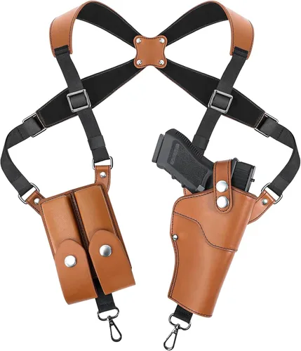 Vista 10 de Funda de hombro, fundas de hombro ajustables de cuero para transporte oculto con doble bolsa de revista, compatible con 1911, Glock 17/19/23