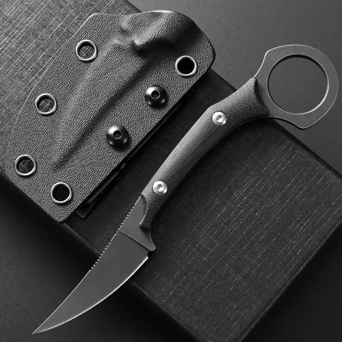 Vista 2 de C1150 Cuchillo de hoja fija con hoja de acero D2 y mango G10, cuchillo de garra para EDC al aire libre, camping, senderismo (negro)