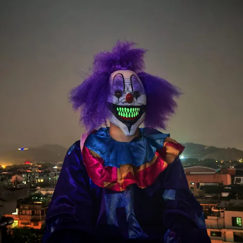 Vista 5 de Máscara de payaso de Halloween aterradora para adultos con pelo, máscara de disfraz de asesino malvado de terror