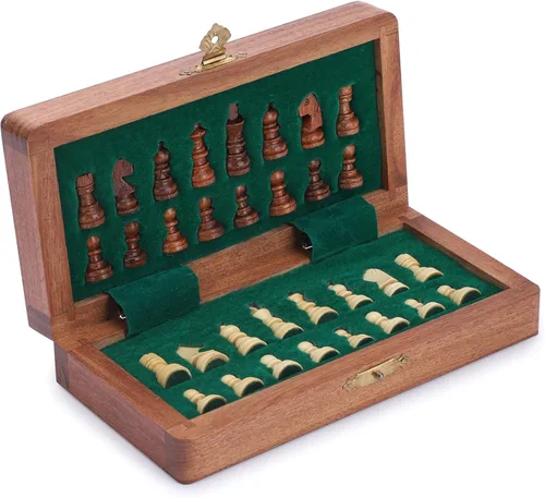 Vista 6 de Ajuny Juego de Ajedrez Magnético para Viaje - Madera de Acacia Hecha a Mano, Tablero Plegable con Elegante Almacenamiento Edades