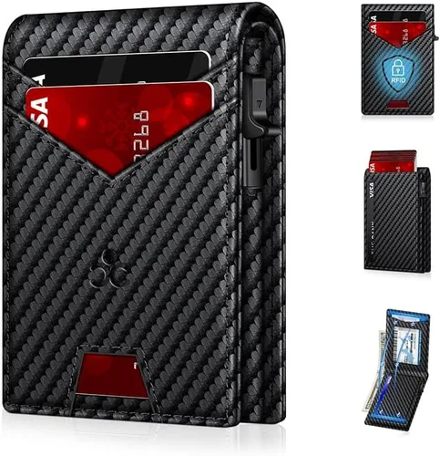Billetera para hombre con bloqueo RFID minimalista para 12-14 tarjetas | Cartera inteligente delgada y plegable con ventana para identificación y