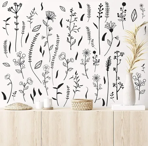 Vista 4 de Kazova Calcomanías de pared de hojas florales, calcomanías de pared de flores silvestres negras, ramo de plantas botánicas, calcomanías de pared