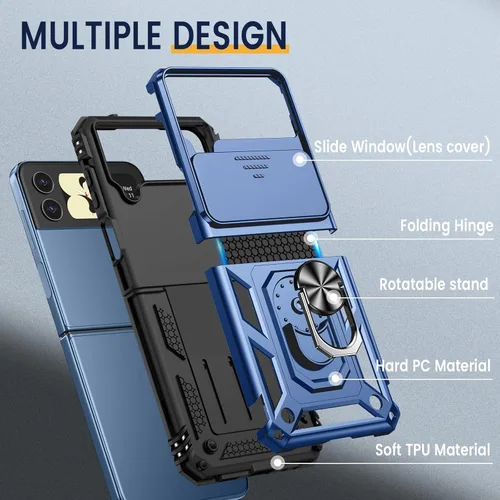 Vista 3 de Goton Funda para Samsung Z Flip 4, Galaxy Z Flip 4 con cubierta de cámara, [protección de bisagra] y anillo de soporte de 360° grado militar a Azul