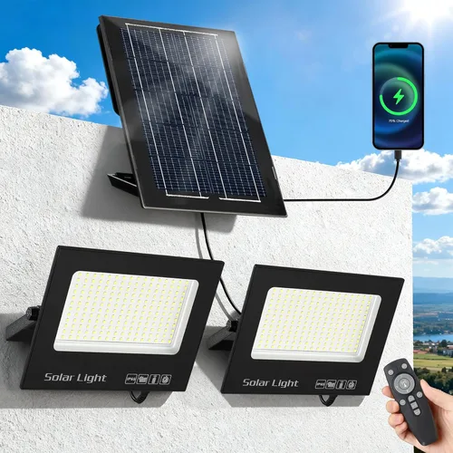 Solar Flood Lights Outdoor, Solar Lights with Dual LED Head & USB Output Charger, 15000LM 6500K Split Type Street Lights, Dusk to Dawn Outdoor