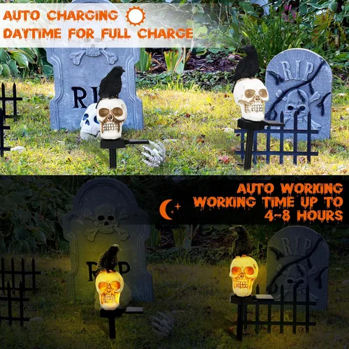 Vista 6 de Retisee 2 luces solares de calavera para decoración de jardín de Halloween, con cuervo negro en calavera, impermeables, luces de esqueleto solares