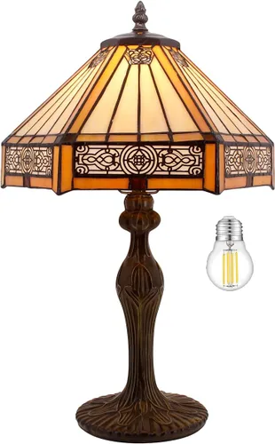 Vista 9 de WERFACTORY Tiffany - Lámpara de mesa hexagonal amarilla estilo misión de vitral, lámpara de mesa de escritorio, luz de lectura de 12 x 10 x 18