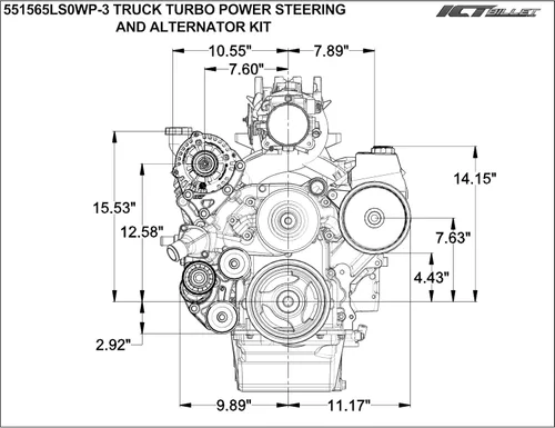 Vista 2 de ICT Billet Kit de soporte de alternador turbo LS y dirección asistida para bomba de agua LS1 LS3 de aluminio fabricado en EE. UU. Compatible con GM